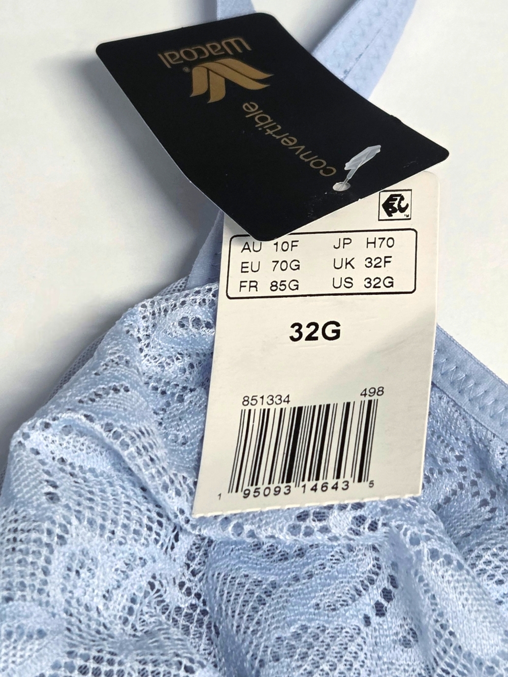 Wacoal 32G Soft Sense Lace Underwire Convertible Bra Light Blue 851334 NWT - Picture 4 of 12